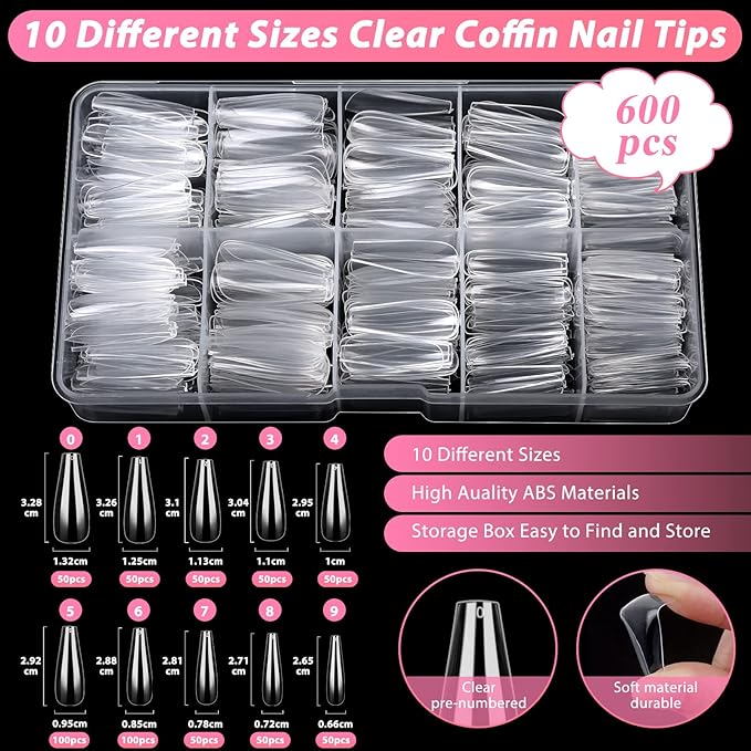 600PCS Clear Coffin Nail Tips Set Qinzave Clear Acrylic Nail Tips with Nail Glue Coffin Nails Full Cover with Nail Display Stand, Cuticle Nail Pusher Remover, Nail Files Buffer