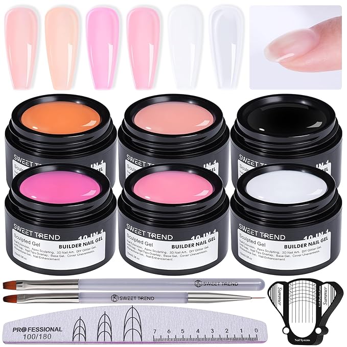 Builder Gel for Nails Kit - 10-IN-1 6 Colors Thickening Nail Set White Clear Soft Pink Rose Nude Coffee Hard Scuplted Gel for 3D Extension Sculpting Tips Base Rhinestone Soak Off UV/LED Manicure