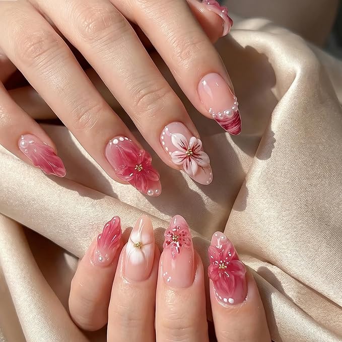 Press on Nails Medium Almond Fake Nails 3D Flowers Artificial Nail with Pearl Charm Stick on Nail for Women 30pcs