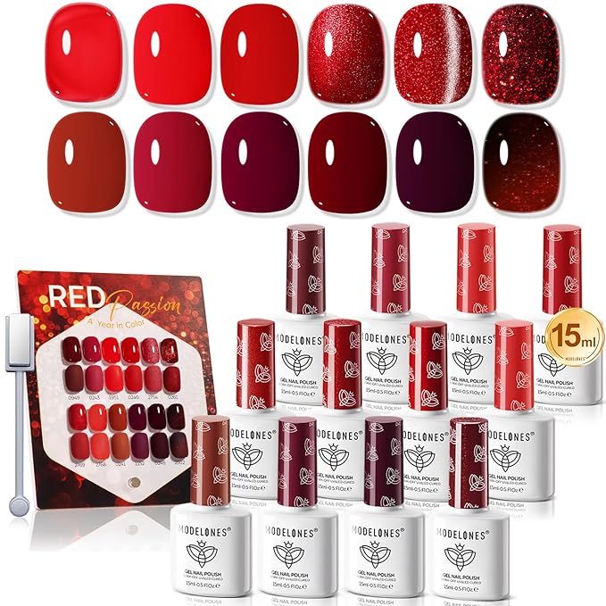 modelones 12Pcs 15ML Red Gel Nail Polish Set, Same Bottle Same Bottle Burgundy Cherry Dark Red Cat Eye Glitter Color Changing Hema Free Gel Polish Kit with Magnet Soak Off Manicure Nail Art DIY