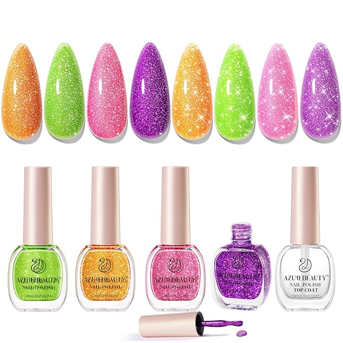 AZUREBEAUTY Nail Polish Set, 4 Colors Flash Reactive Shimmer Glitter Neon Pink Orange Green Purple Spring Summer Long Lasting Quick Dry Natural Fingernail Lacquer Strengthening Kit with Top Coat