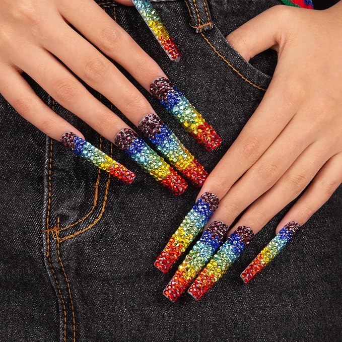 LOVFUL Press on Nails Rainbow | Handmade with Full Covered Crystals | Reusable Fake Nails | Square Long 2.2 in | H90-S