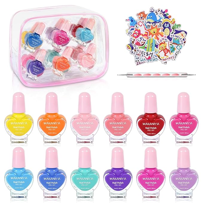 wakaniya Kids Nail Polish 12 Colors Girls Nail Kit with Glitter Stickers and PVC Organizer Bag Non Toxic, Quick Dry Peel Off Safe Nail Polish