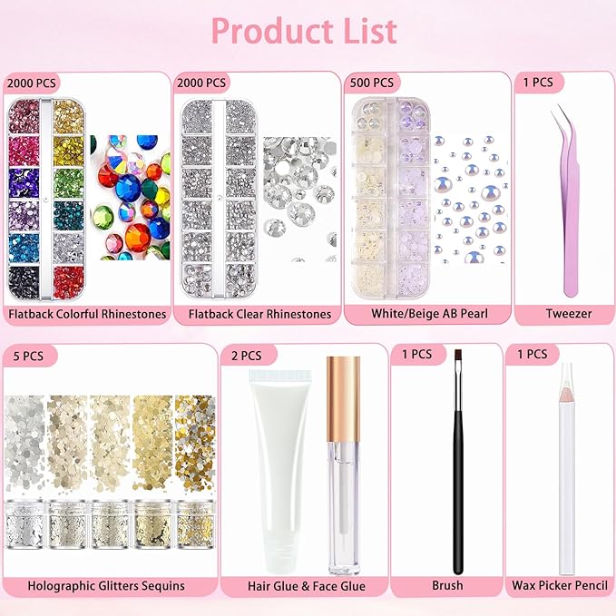Hair Face Gems Rhinestones with Makeup Glue, Flat Back Colorful Jewels Crystal Half Round Pearl Gold Holographic Glitters Sequins Kit, Wax Pencil Tweezer and Brush For Face Eye Hair Body Makeup