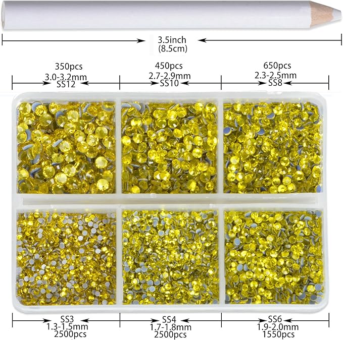 8000pcs Hotfix Rhinestones Flatback,Rhinestones for Crafts Clothes Mixed 6 Sizes, Hotfix Crystals with Wax Pencil Kit, SS3-SS12,Citrine