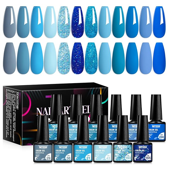 MTSSII Blue Gel Nail Polish Set 12 Colors, Royal Blue Sky Blue Glitter Navy Blue Nail Gel Polish Kit Light to Dark Shades Soak Off Nail Art Salon Design Home Manicure Holiday Gift for Women Girl