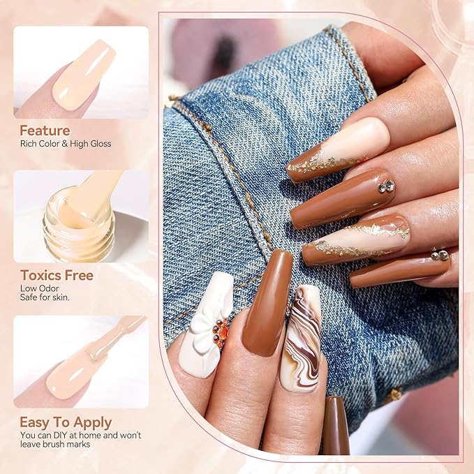 Born Pretty Nude Gel Nail Polish Set,6 Colors Neutral Beige White Nude Pink Brown Gel Polish Kit Skin Tones Collection Soak Off U V Gel Nail Kit Manicure DIY Home
