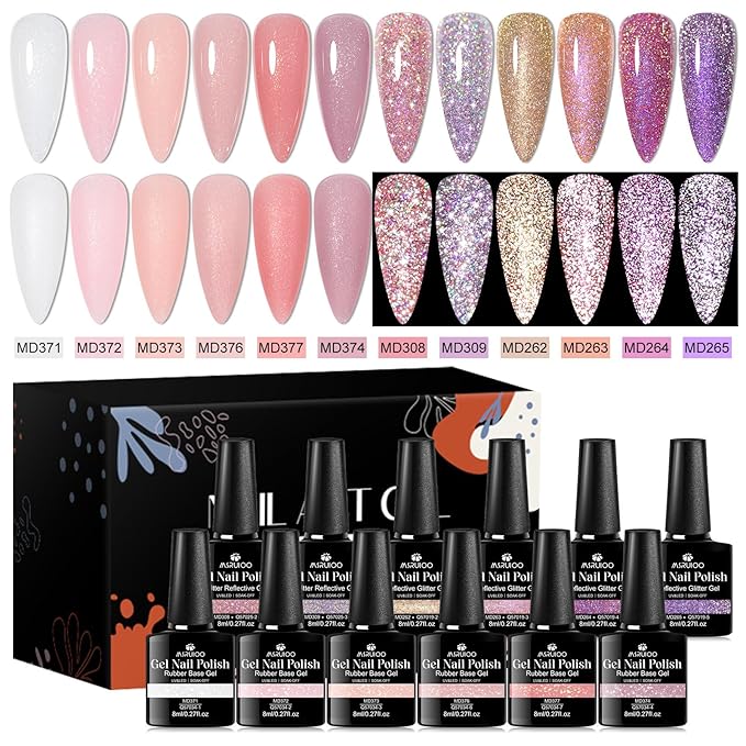 12Pcs Nude Pink Builder Gel for Nails + Reflective Glitter Gel Nail Polish Set Pink Purple Soak Off Uv/Led Nail Polish Kit DIY Manicure