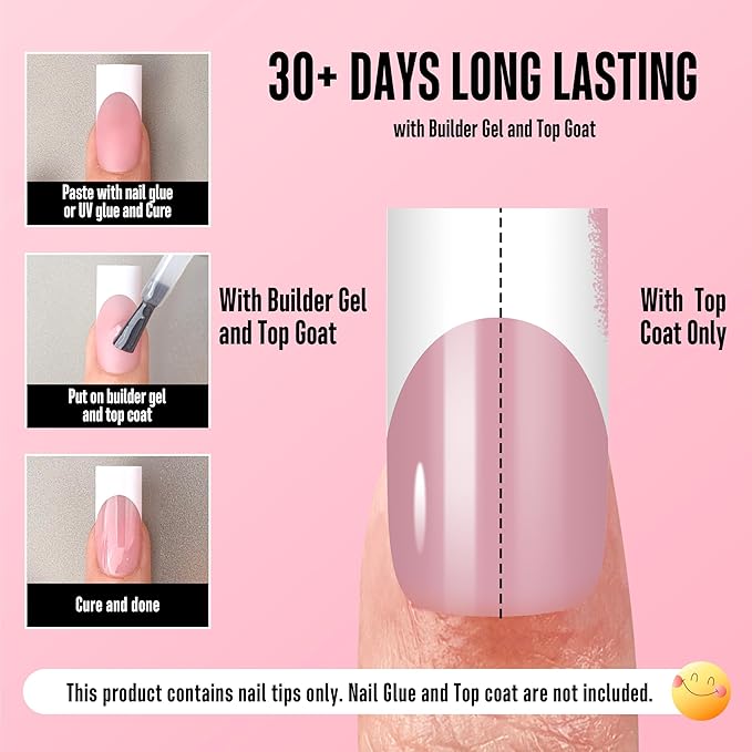 NOVO OVO Medium Sharp Square White French Tip Nail Tips Press on BERRY PINK, Extra Thick NEED Builder Glue Gel & Top Coat, Soft Gel Full Cover False Fake Nail Extension for Salon DIY x 15 Sizes 180 pc