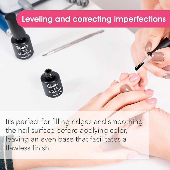 Nena's Elastic Rubber Base Coat Set - 15 mL / 0.5 fl oz Bottle + 120 mL / 4 oz Refill | UV/LED Curable Correcting Base with Enhanced Adhesion, Soak Off Formula for Professional Nails