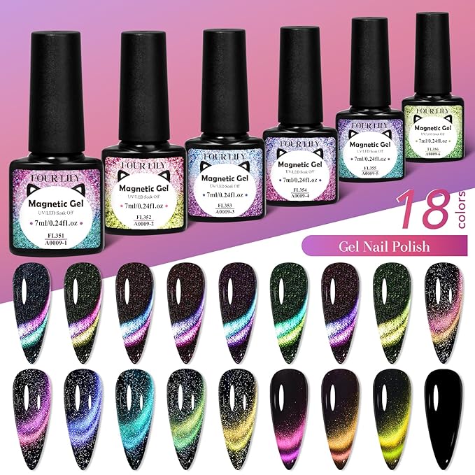 Cat Eye Gel Nail Polish Set, 18 Colors Magnetic Gel Polish Kit 9D Reflective Neon Light Strip Cateyes Nail Polish Chameleon Galaxy Glitter Effect Salon Gel Manicure Nail Art DIY at Home