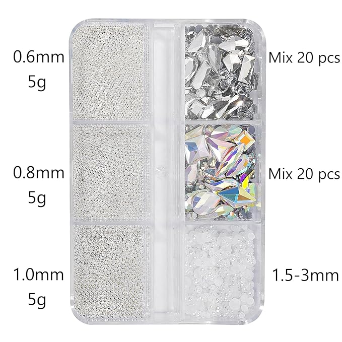 Silver 3D Nail Art Charms - Caviar Beads & Rhinestones Mix Size Multishape AB Crystals Kit for DIY Nail Decoration