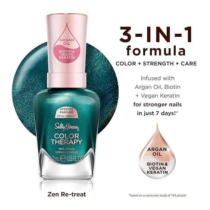 Sally Hansen Color Therapy Scented Nail Polish | Biotin, Argan Oil, Long Lasting, Healthy Nails, Nail Strengthener, Opaque | 458 Zen Re-Treat, Petal Essence| Forest Green Nail Color