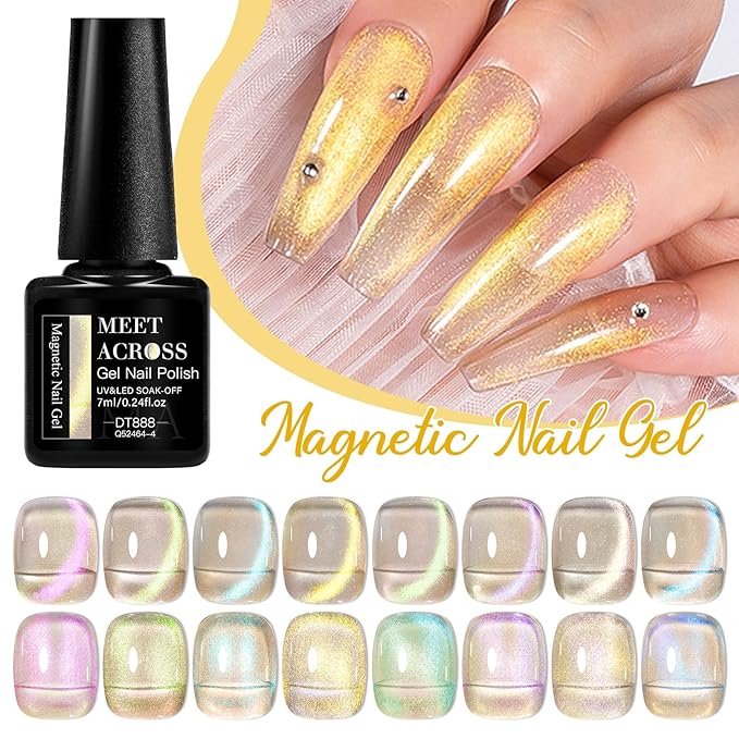 MEET ACROSS 12 Pcs Cat Eye Gel Nail Polish Set, Blue Tears Auroras Magnetic Gel Polish, Blue Pink Yellow Purple Glassy Glitter Holographic Nail Polish with Base Top Gel for Nail Art Manicure Salon DIY