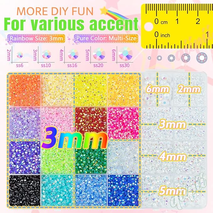 2mm-6mm White AB Resin Rhinestones w B7000 Glue for Crafting Bedazzling Flatback Colorful Jelly Stones Diamonds Gems Bedazzler Kit for Nails Face Eyes Makeup Tumblers Bottles Shoes DIY Crafts