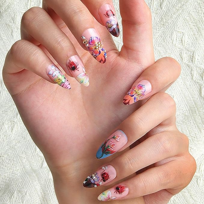 Colorful Shining Flowers and Butterfly 24pcs Medium Almond Nails, Colorful Full Cover Artificial Stick on Nails Kit