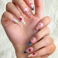 Colorful Shining Flowers and Butterfly 24pcs Medium Almond Nails, Colorful Full Cover Artificial Stick on Nails Kit