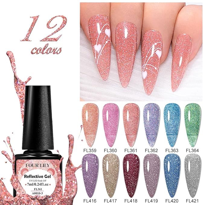 Reflective Glitter Gel Polish Set, 12 Colors Silver Pink Sparkly Glitter Shimmery Gel Polish Shiny Disco Soak Off Gel Nail Polish Nail Art Manicure Salon DIY at Home Gifts for Women Girls
