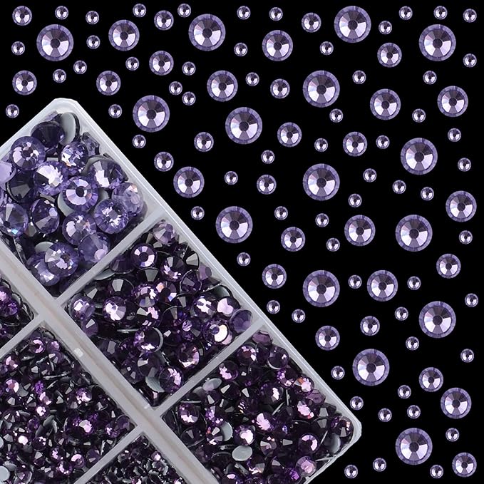 4000Pcs Mixed Size Hot Fix Round Crystals Gems Glass Stones Hotfix Flat Back Rhinestones (Tanzanite)