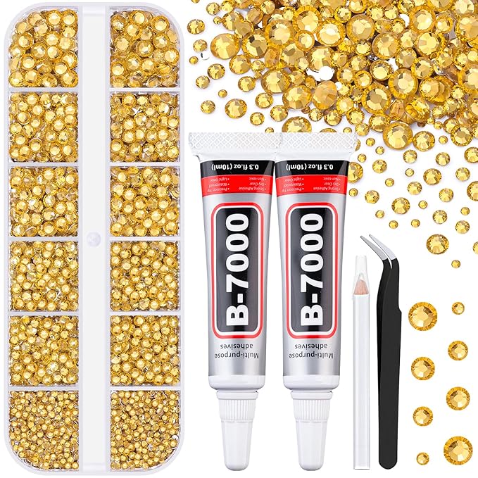 6100Pcs Resin Rhinestones for Bedazzling with 2Pcs 10ml B7000 Jewelry Glue, 1 Box Flatback Crystals Diamond (Golden Yellow) for Crafting Crafts, Gems for Clothing Shoes Tumblers Nail Art