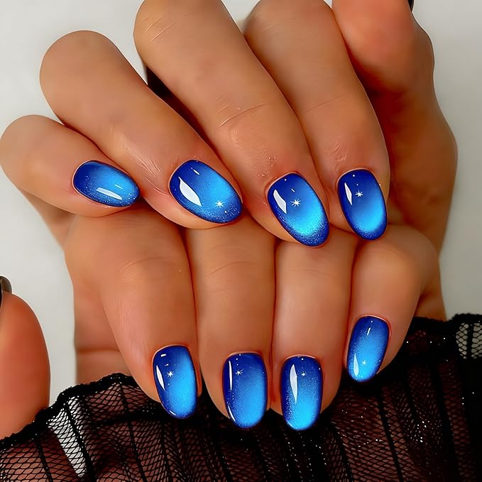 Cat Eye Press on Nails Short, Chrome Press on Nails Oval, Thick Glazed Virant Royal Blue Fake Nails Press ons for Women, Reusable Magnet Bling Glitter Glue On Nails Almond in 15 Sizes, 30 Pcs