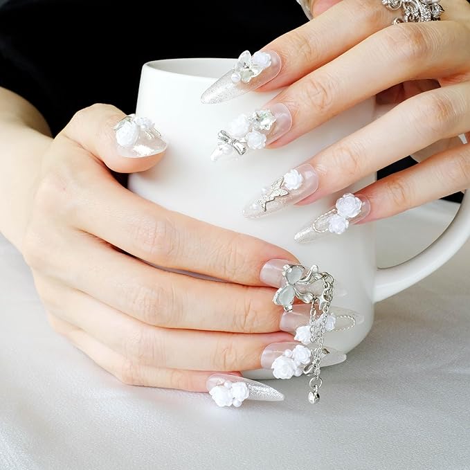 Luxury Long Almond Press-On Nails, 3D White Roses with Silver Glitter, Pearl and Rhinestone Decorations, Handmade False Nail 10 Pieces (Small, LS)