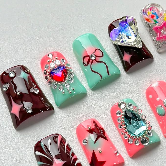 Luxury Press on Nails Short Duck Handmade 3D Unique Reusable ABS Material Fake Nails Pink Cute False Nails with Designs Rhinestones Stars Lollipop Glossy Glue on Nail Thick Acrylic Nail(S)