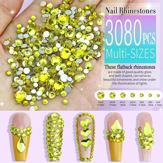 Dowarm 3200PCS Nail Art Rhinestones, Citrine/Yellow Flatback Rhinestones for Nails, Crafts, 12 Styles 3D Glass Crystal Nail Gems, Glitter Diamond