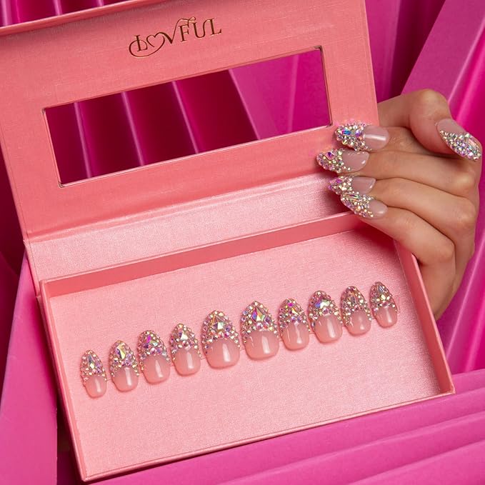 LOVFUL Press on Nails Angel's Tear Rhinestone | Handmade with Full Covered Crystals | Reusable Fake Nails | Almond Regular 1.0 in | H48-M