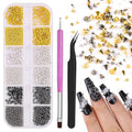 3D Mini Small Metal Stainless Steel Caviar Nail Beads Balls, 0.8-3mm Gold Silver Alloy Nail Art Chain Charms Studs with Tweezers and Dual-end Brush (17-K1-punk-metal)