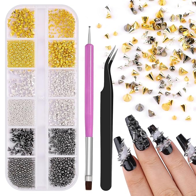 3D Mini Small Metal Stainless Steel Caviar Nail Beads Balls, 0.8-3mm Gold Silver Alloy Nail Art Chain Charms Studs with Tweezers and Dual-end Brush (17-K1-punk-metal)