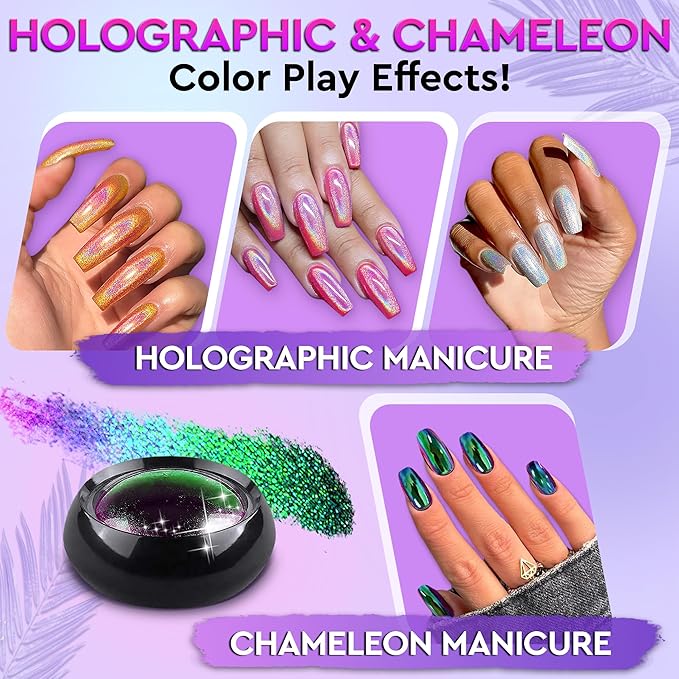 Chrome Nail Powder Set – 16 Colored Nail Chrome Powder Set with Gold, Silver, Copper, Blue, Green & Red Pigments – Mirror, Holographic & Chameleon Effects for Trendy Nails Looks with Luminous Shine