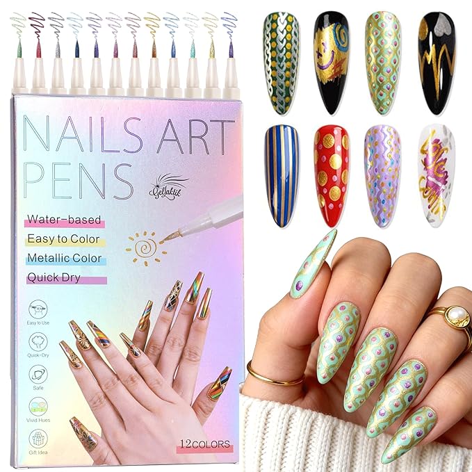 12 Colors Metallic Nail Art Pens Set, 0.5mm Nail Polish Pens Acrylic Paint Markers for Nails, Quick-Drying Glitter Nail Polish Pens for 3D Drawing, DIY Manicure Tools for Home & Salon