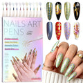 12 Colors Metallic Nail Art Pens Set, 0.5mm Nail Polish Pens Acrylic Paint Markers for Nails, Quick-Drying Glitter Nail Polish Pens for 3D Drawing, DIY Manicure Tools for Home & Salon
