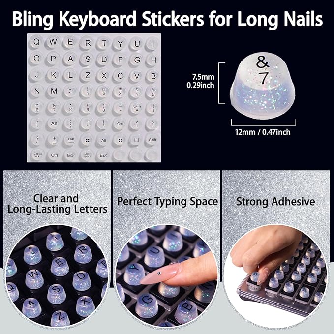 Raised Keyboard Stickers for Long Nails, Bling Keyboard Bubbles for Women with Letters, Soft Silicone Nail Art Typing Keycaps for Desktops (Clear, 64 Pcs)