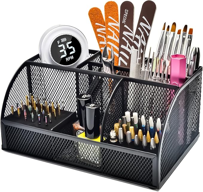 CGBE Nail Drill Bits Holder: 60 Holes Professional Drill Bit Holder for Nails - Mesh Metal Nail Tools Organizer Display Case - Nail Desk Organizer for Nail Tech - Black (Not Included Nail Drill)