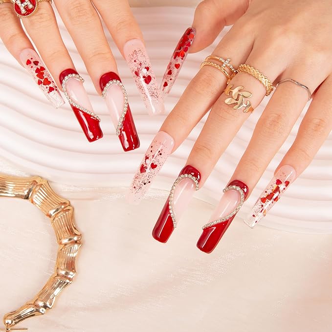 LOVFUL Press on Nails Love Day Exclusive | Handmade with Full Covered Crystals | Reusable Full Cover Nails | Square Mid length 1.7 in | H154-M