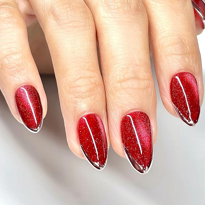 Press On Nails Short Almond Cat Eye Red with Silver Glitter French Tip | Reusable Soft Gel Nails in 12 Sizes-24 Nail Kit with Glue | Designed in L.A, Handmade in Vietnam | Ruby Grace