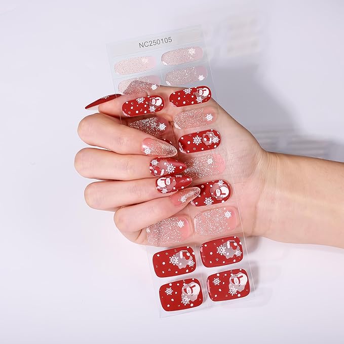 20pcs Christmas Semi Cured Gel Nail Strips - Salon-Grade DIY Wraps with Glaze Texture, Easy Application, UV Light Required for Festive Nails(Red Gold Christmas Snowman Glitter Nails)
