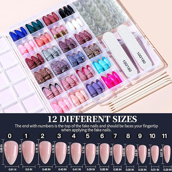 FANDAMEI Press on Nails, 24 Colors 576PCS Press on Nails Almond, Matte Glossy Fake Nails Short Almond, Glitter Fake Nails, Press on Nails French Tip Natural for Nail Art
