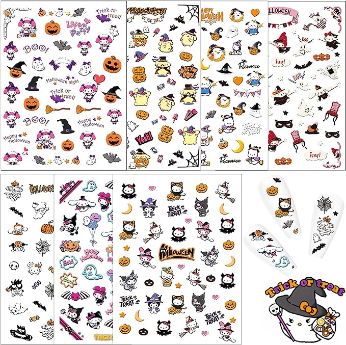 7 Pics 5D Halloween Nail Stickers, Small Cute Cartoon Nail Stickers for Kids, Girls and Women, Goth Nail Charms, Accessories for Nail Art, Pegatinas para Uñas