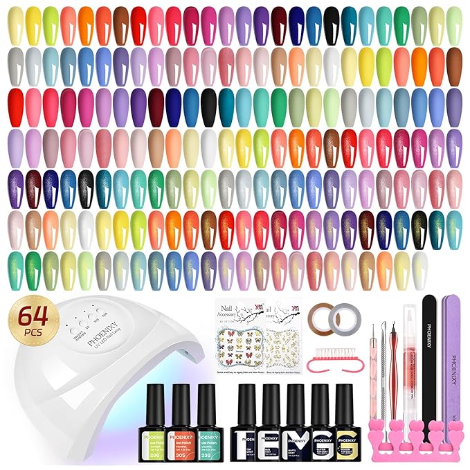 phoenixy Gel Nail Polish Kit with U V Light 64 Pcs Gel Nail Set 45 Rainbow Colors Nail Polish Set Base Coat & 4 Effects Top Coat Manicure Tools Complete Nail Kit Gifts for Women Girls