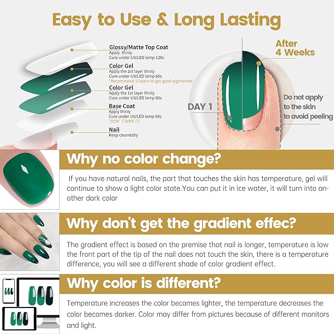 YTD Likomey Color Changing Gel Nail Polish,15ml Bright Green To Dark Green Mood Temperature Change Colors Ombre Thermal Salon Home Fall Winter Manicure UV Nails Varnish,WB09