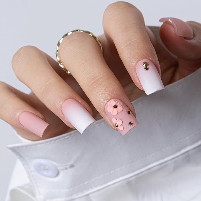 CurvLife Soft Gel Press On Nails Square, Long-Lasting Reusable Fake Nails Kit with Glue & Tabs, 30pcs Salon-Quality Stick On Nails for Women At-Home Manicure (Bloom Luxe)