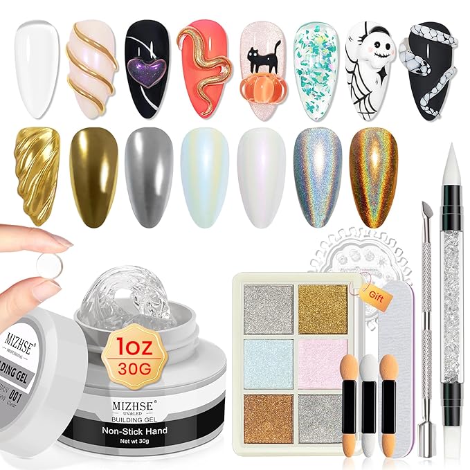 MIZHSE Solid Builder Gel - 1 oz Clear Non Stick Hand Hard Gel with 6 Colors Chrome Powder Nail Form Extension Kit for Nail Salon Home DIY