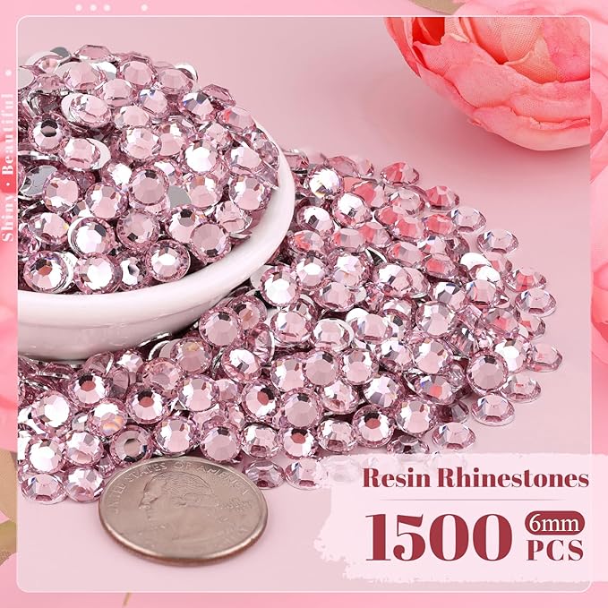 1500PCS 6mm Resin Rhinestones in Bulk (Light Pink), Bedazzling Flatback Crystals Rhinestones for Crafting DIY Nail Decoration, Gems Diomand Charms for Tumbler Shoes Clothing Fabric