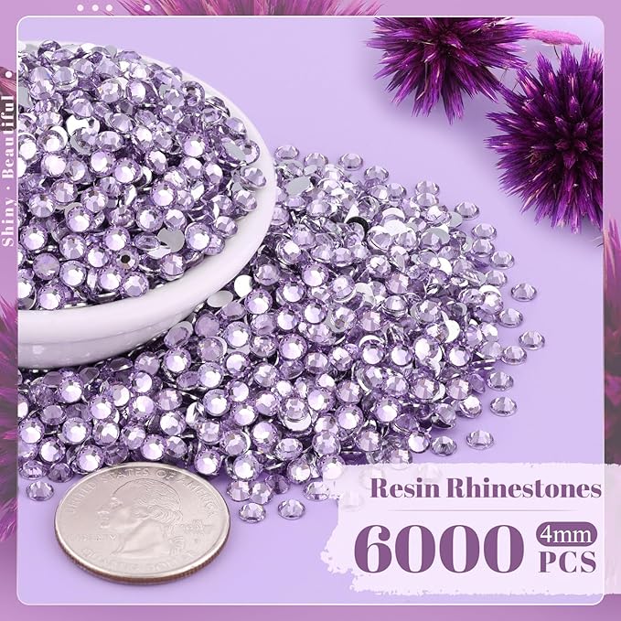 6000PCS 4mm Resin Rhinestones in Bulk (Light Purple), Bedazzling Flatback Crystals Rhinestones for Crafting DIY Nail Decoration, Gems Diomand Charms for Tumbler Shoes Clothing Fabric