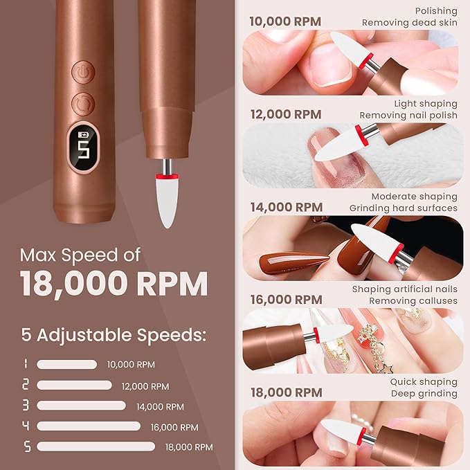 Cordless Electric Nail Drill Kit, Portable Rechargeable Nail Drill Set, Battery Electric Nail File, 5 Speeds Modes, LED Lighting, Reversible Direction, DIY, Professional (Gold)