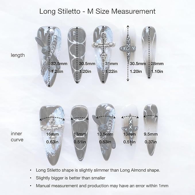 Gothic Press-On Nails, Long Stiletto Shape, Black with 3D Bunny and Cross Design, Handmade False Nail 10 Pieces (Medium, LS)