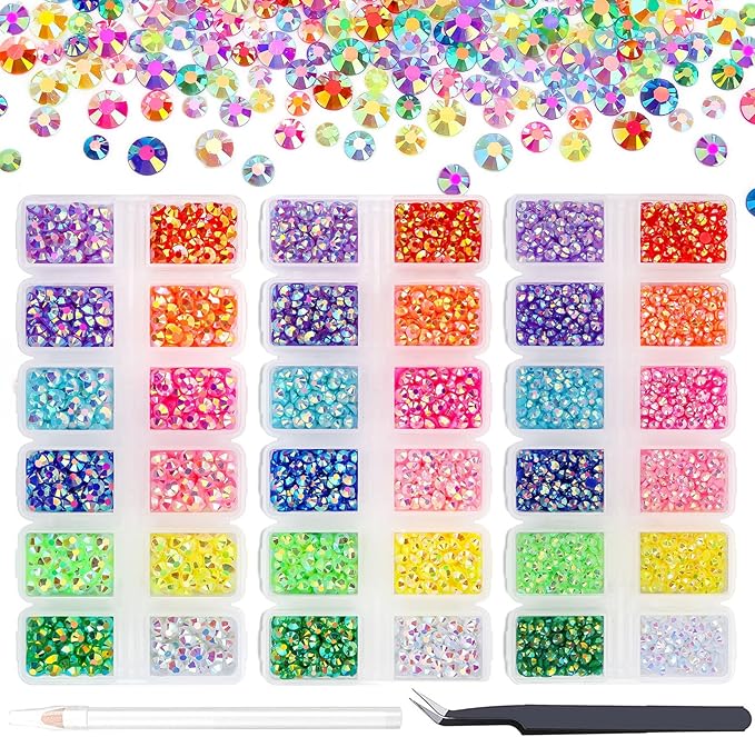 7500PCs 3MM 4MM 5MM Rainbow AB Series Resin Flat Back Rhinestones, Round Non Hotfix Jelly AB Resin Rhinestones Nail Gems Stones with Tweezer & Picker Pen for Nail Art Tumblers & DIY Crafts